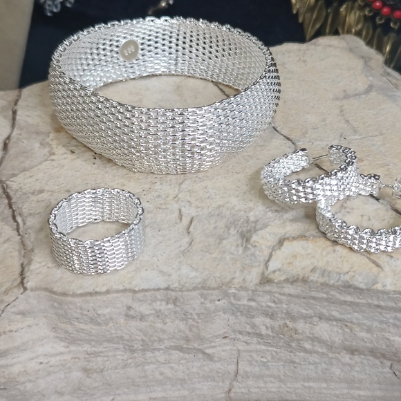 925 Sterling Silver Mesh Jewelry Set Bracelet Earrings Ring 7 - Picture 3 of 7